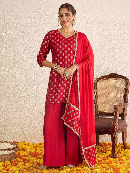 Janasya Women's Red Chanderi Silk Embellished Gold Foil Printed Kurta with Sharara and Dupatta Set