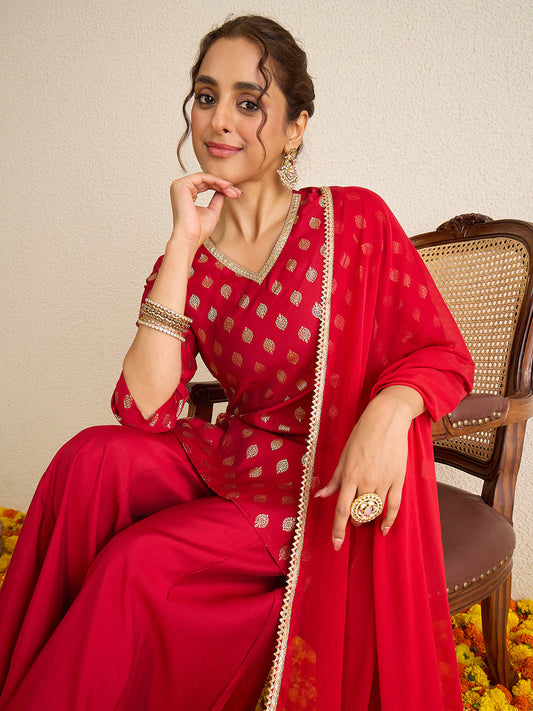 Janasya Women's Red Chanderi Silk Embellished Gold Foil Printed Kurta with Sharara and Dupatta Set