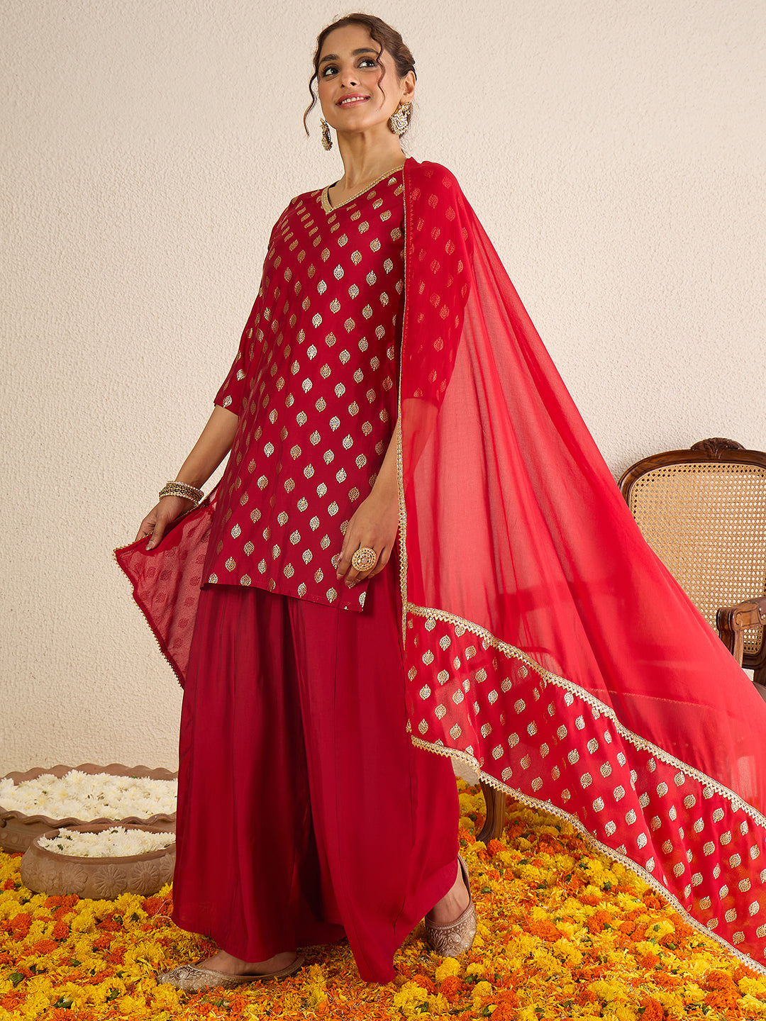 Janasya Women's Red Chanderi Silk Embellished Gold Foil Printed Kurta with Sharara and Dupatta Set