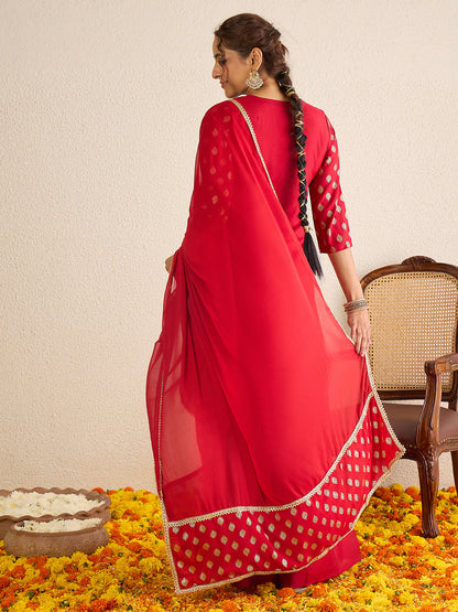 Janasya Women's Red Chanderi Silk Embellished Gold Foil Printed Kurta with Sharara and Dupatta Set