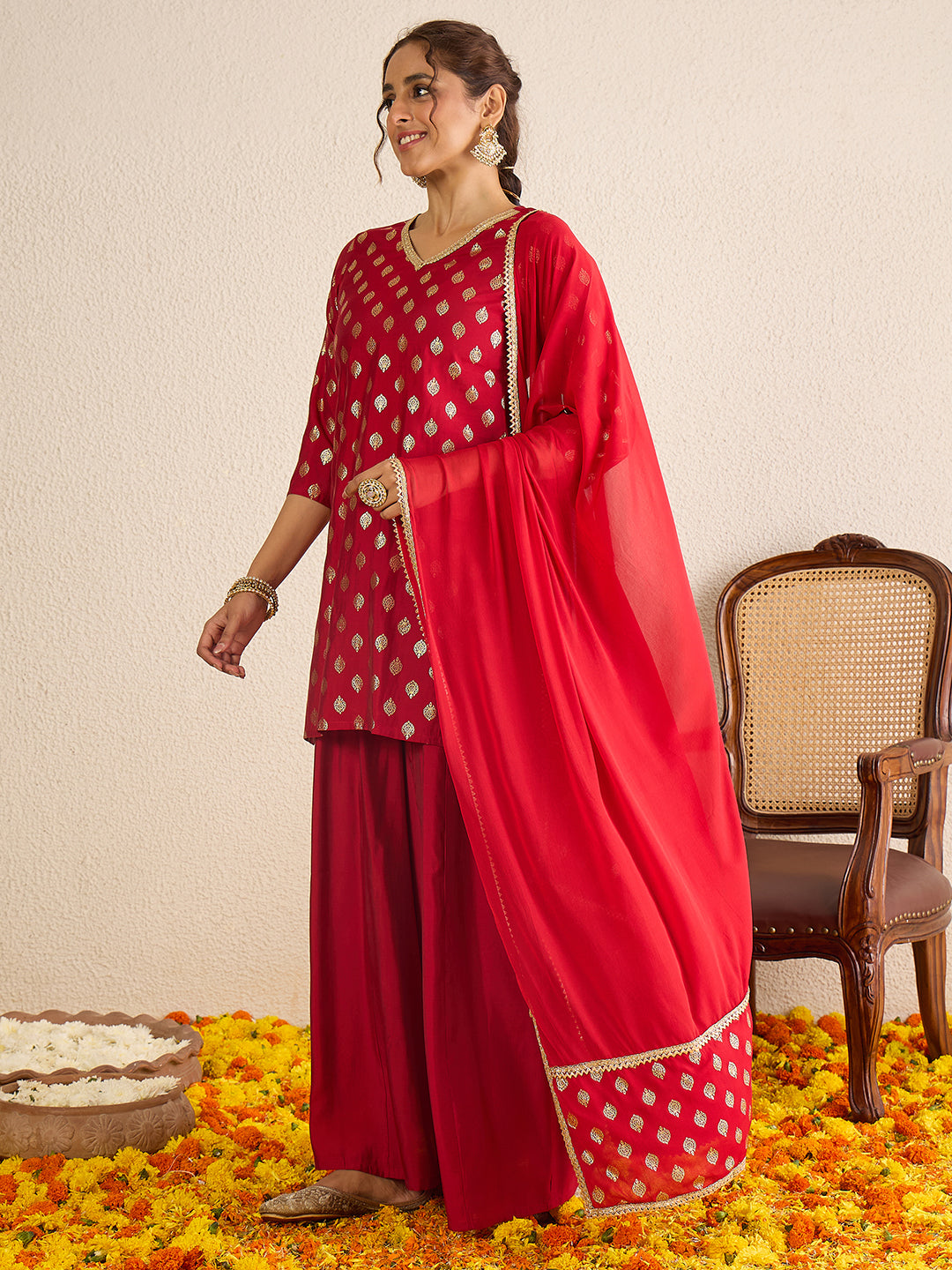 Janasya Women's Red Chanderi Silk Embellished Gold Foil Printed Kurta with Sharara and Dupatta Set