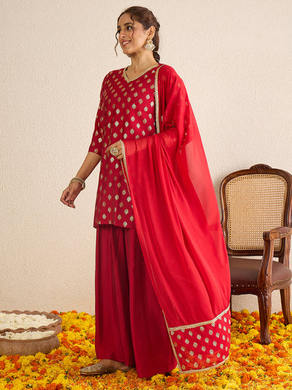Janasya Women's Red Chanderi Silk Embellished Gold Foil Printed Kurta with Sharara and Dupatta Set