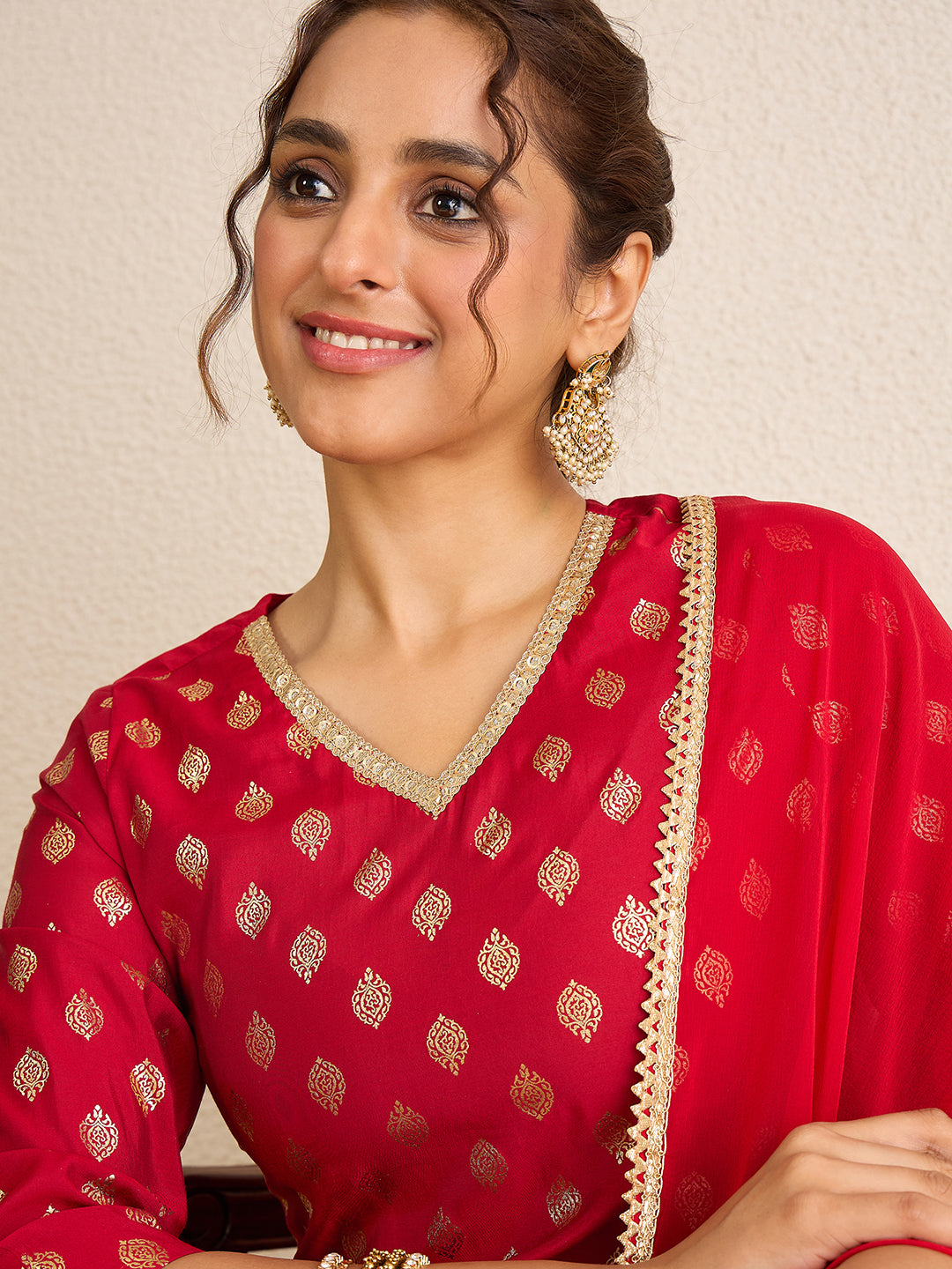 Janasya Women's Red Chanderi Silk Embellished Gold Foil Printed Kurta with Sharara and Dupatta Set