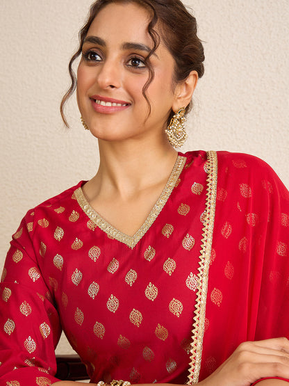 Janasya Women's Red Chanderi Silk Embellished Gold Foil Printed Kurta with Sharara and Dupatta Set