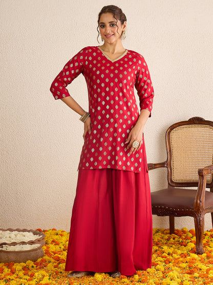 Janasya Women's Red Chanderi Silk Embellished Gold Foil Printed Kurta with Sharara and Dupatta Set