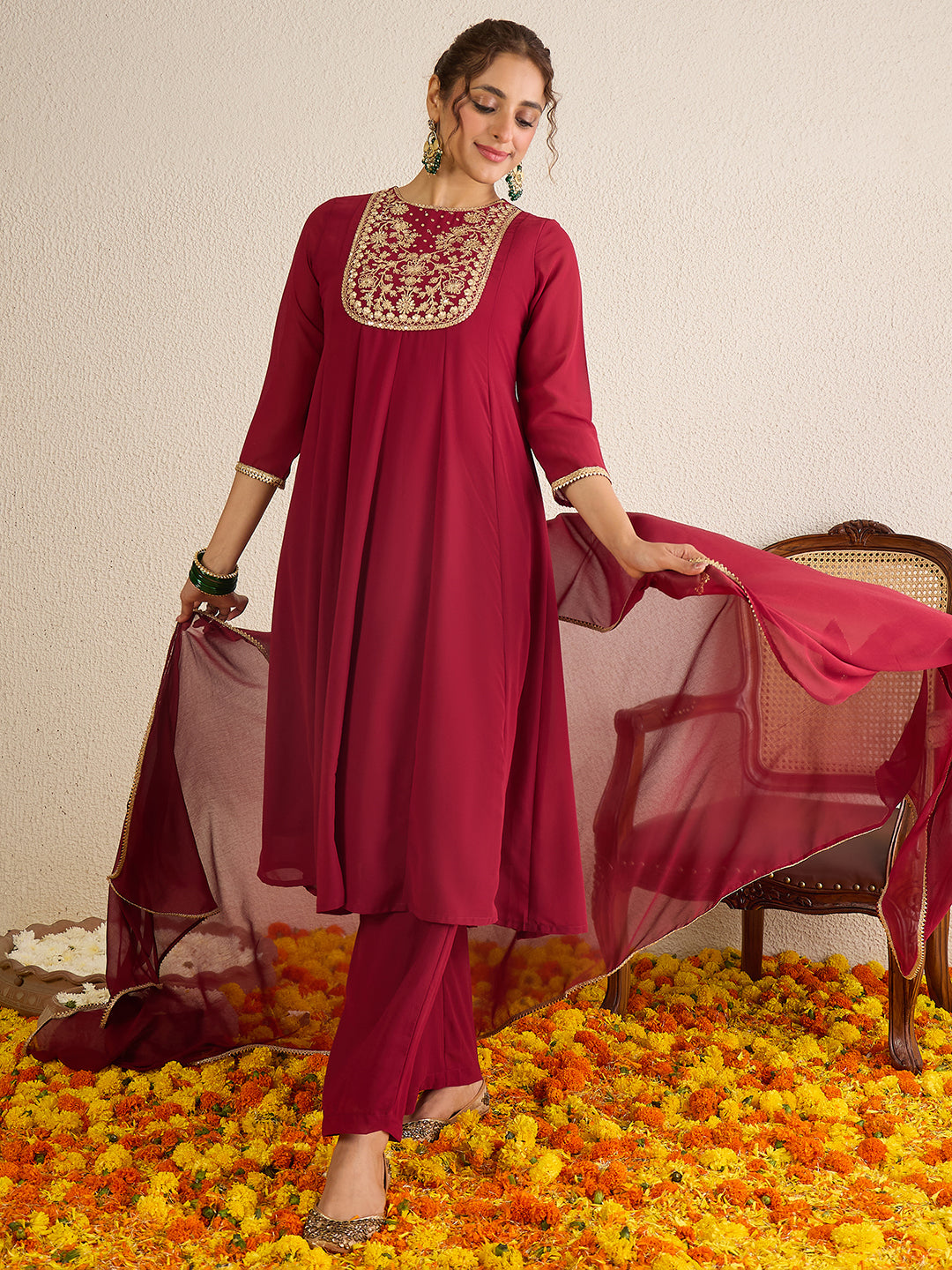 Janasya Women's Maroon Georgette Floral Zari Yoke Embroidered Anarkali Kurta with Palazzo and Dupatta Set