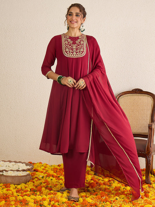 Janasya Women's Maroon Georgette Floral Zari Yoke Embroidered Anarkali Kurta with Palazzo and Dupatta Set