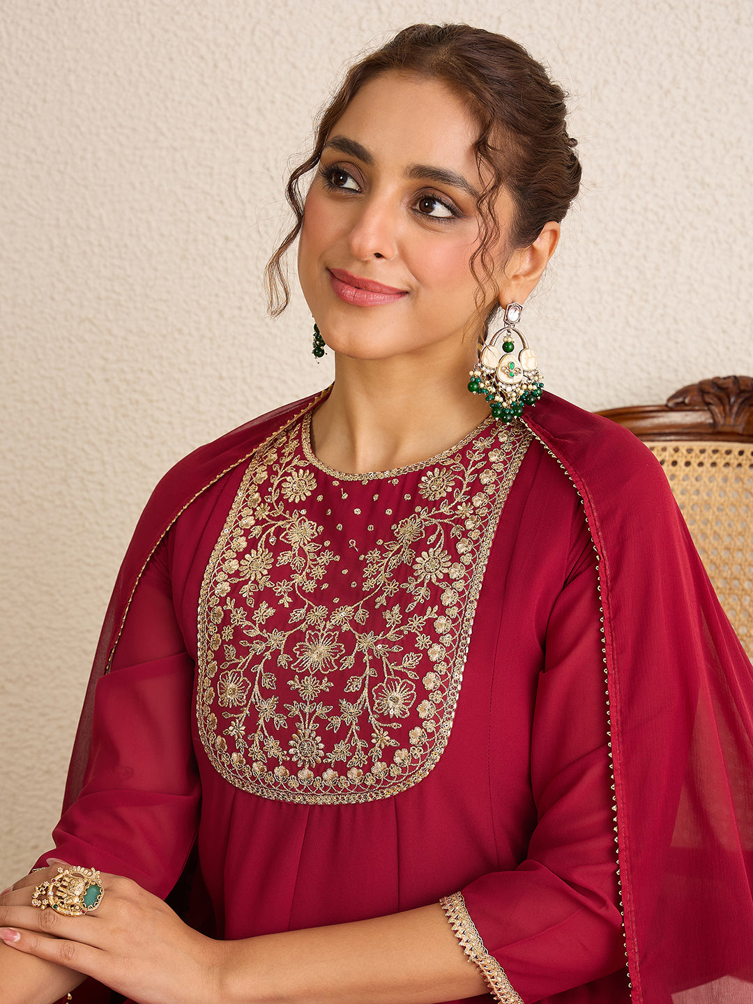 Janasya Women's Maroon Georgette Floral Zari Yoke Embroidered Anarkali Kurta with Palazzo and Dupatta Set