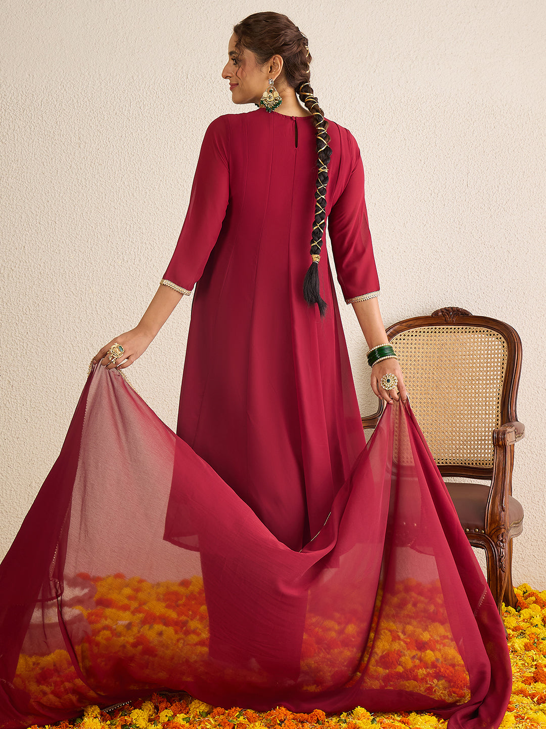 Janasya Women's Maroon Georgette Floral Zari Yoke Embroidered Anarkali Kurta with Palazzo and Dupatta Set