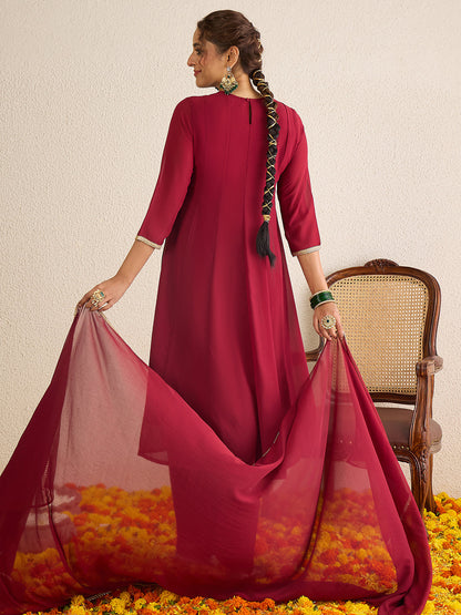 Janasya Women's Maroon Georgette Floral Zari Yoke Embroidered Anarkali Kurta with Palazzo and Dupatta Set