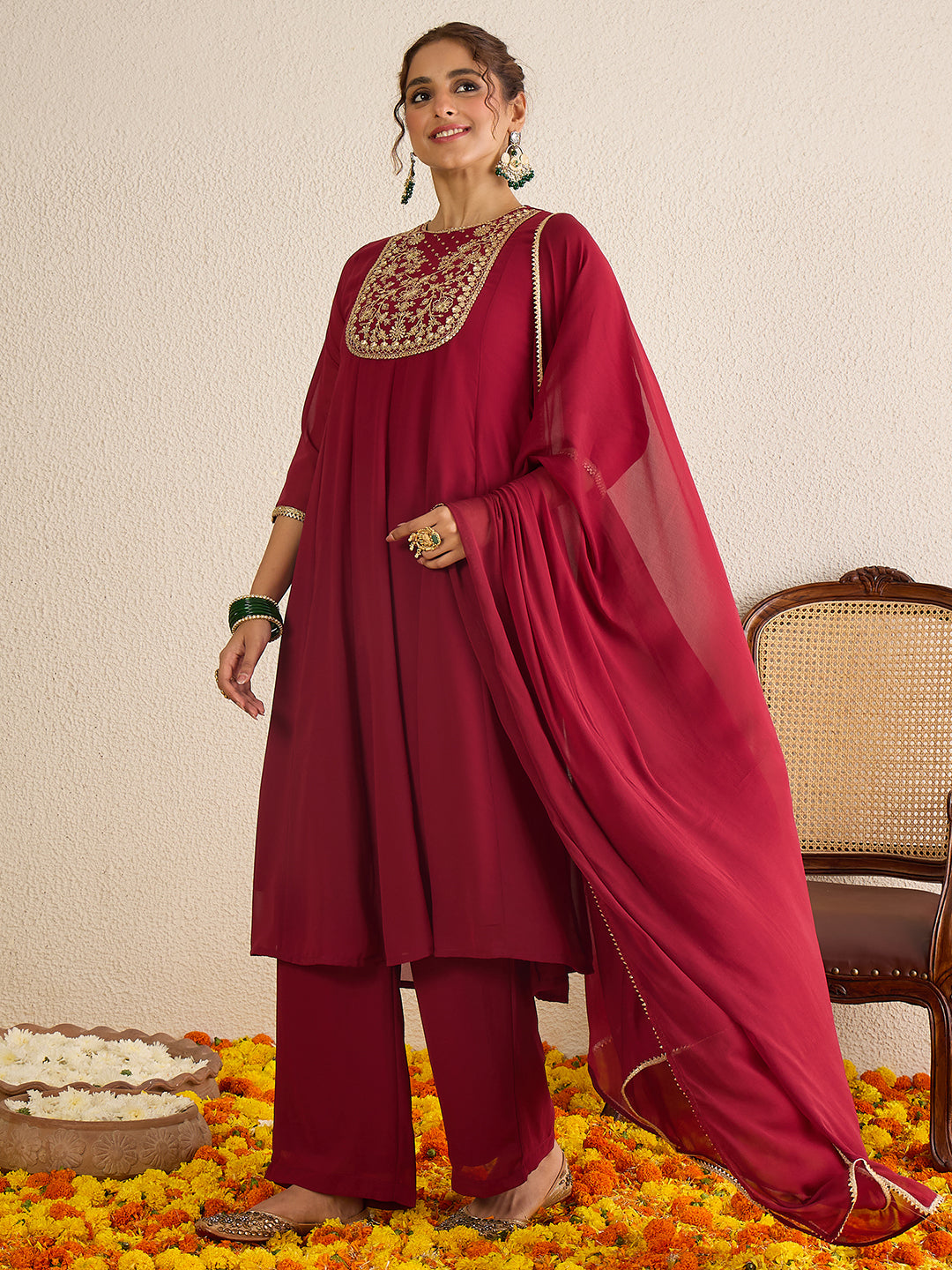 Janasya Women's Maroon Georgette Floral Zari Yoke Embroidered Anarkali Kurta with Palazzo and Dupatta Set