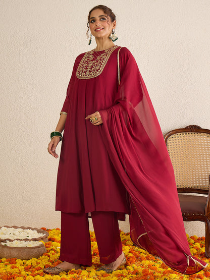 Janasya Women's Maroon Georgette Floral Zari Yoke Embroidered Anarkali Kurta with Palazzo and Dupatta Set