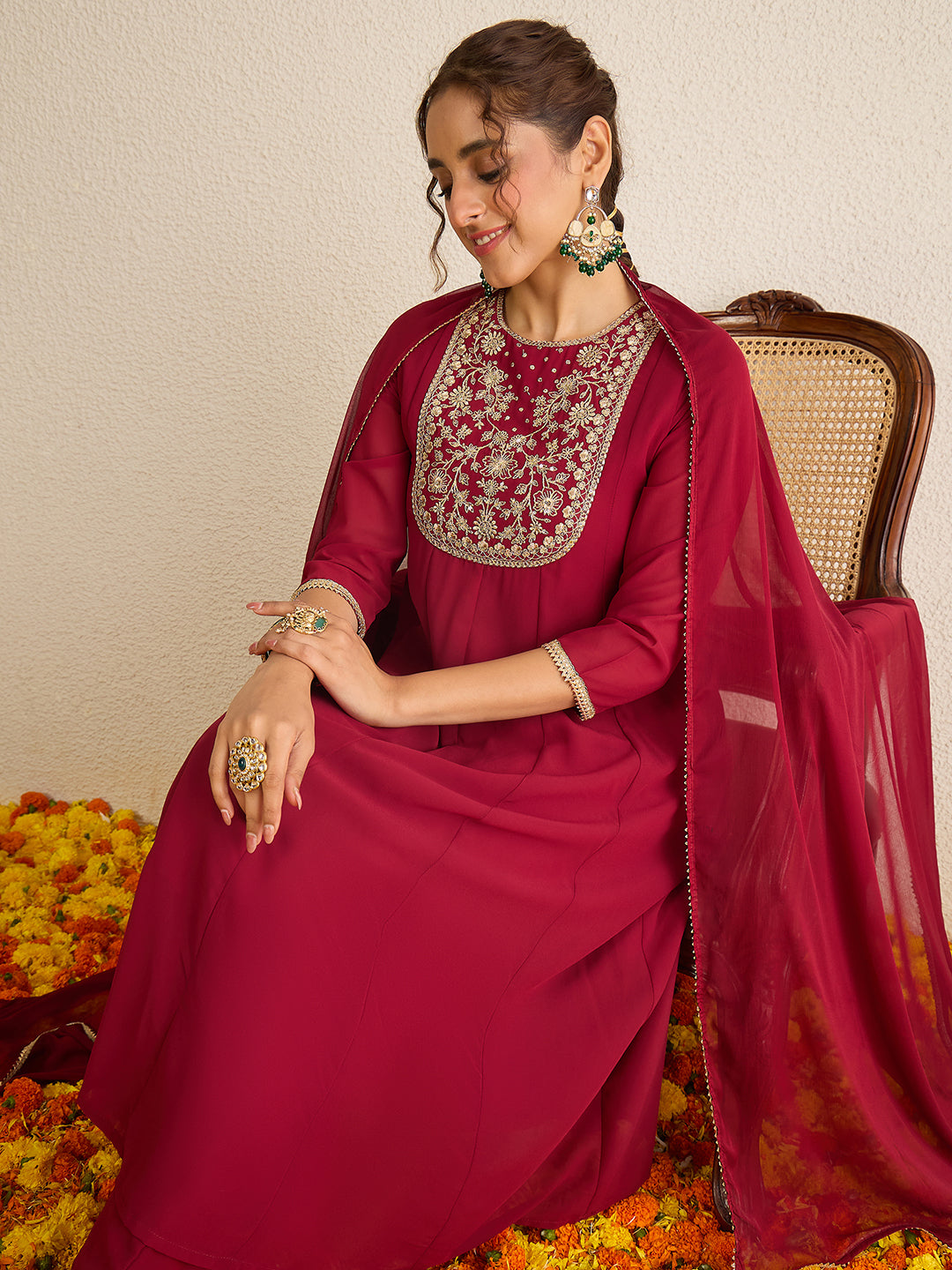 Janasya Women's Maroon Georgette Floral Zari Yoke Embroidered Anarkali Kurta with Palazzo and Dupatta Set