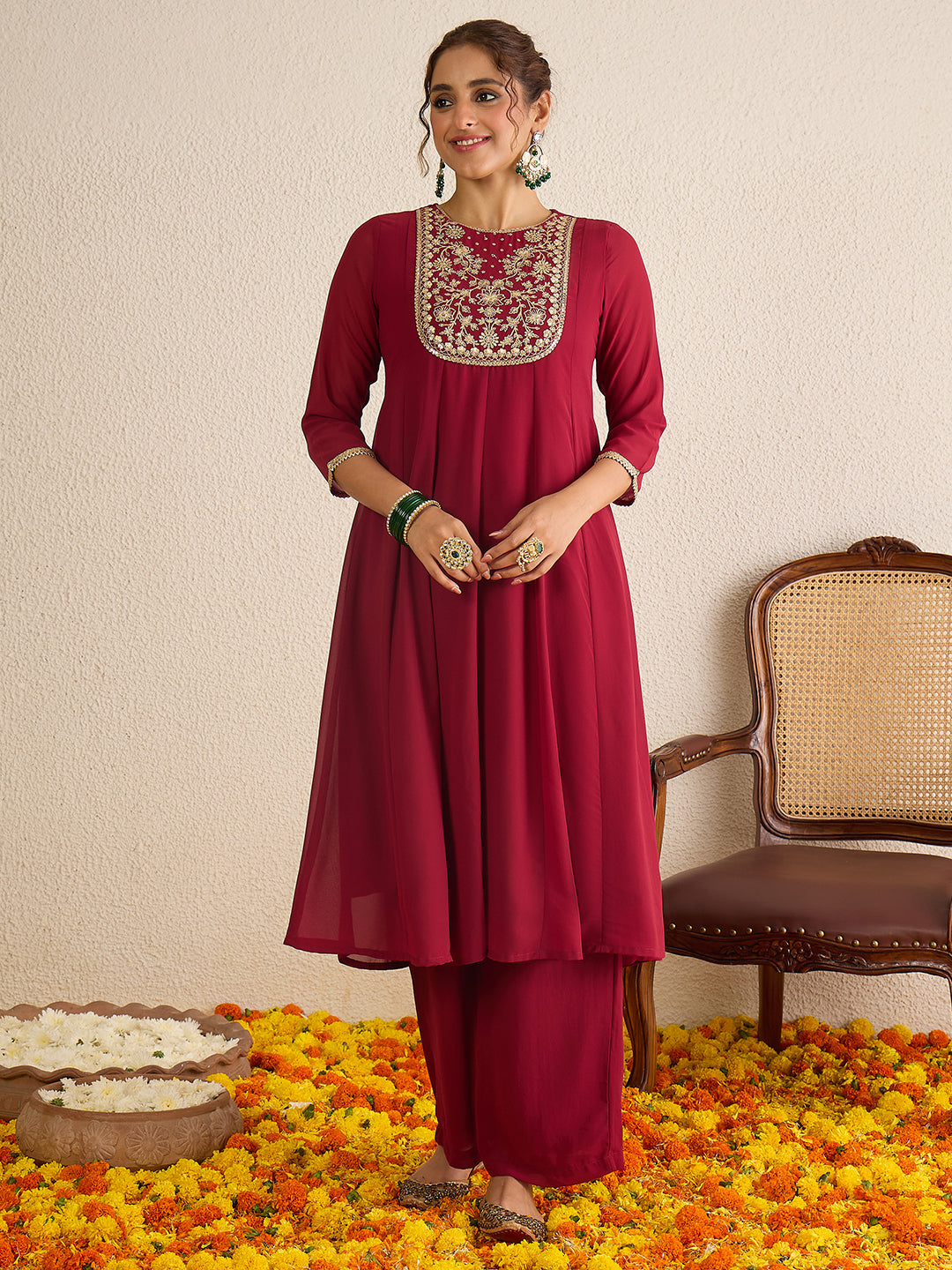 Janasya Women's Maroon Georgette Floral Zari Yoke Embroidered Anarkali Kurta with Palazzo and Dupatta Set