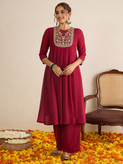 Janasya Women's Maroon Georgette Floral Zari Yoke Embroidered Anarkali Kurta with Palazzo and Dupatta Set