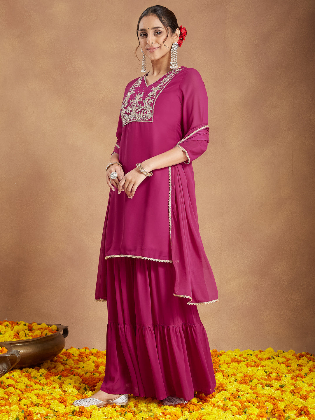 Janasya Women's Pink Georgette Embroidered Straight Kurta With Sharara & Dupatta Set