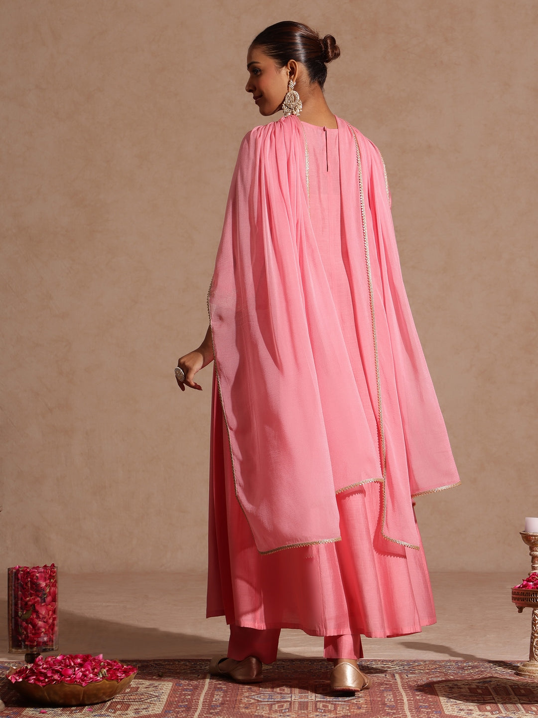Janasya Women's Light Pink Chanderi Silk Zari Yoke Embroidered Anarkali Kurta Set