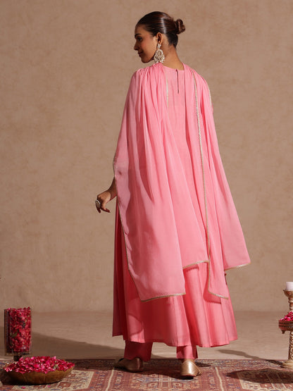 Janasya Women's Light Pink Chanderi Silk Zari Yoke Embroidered Anarkali Kurta Set