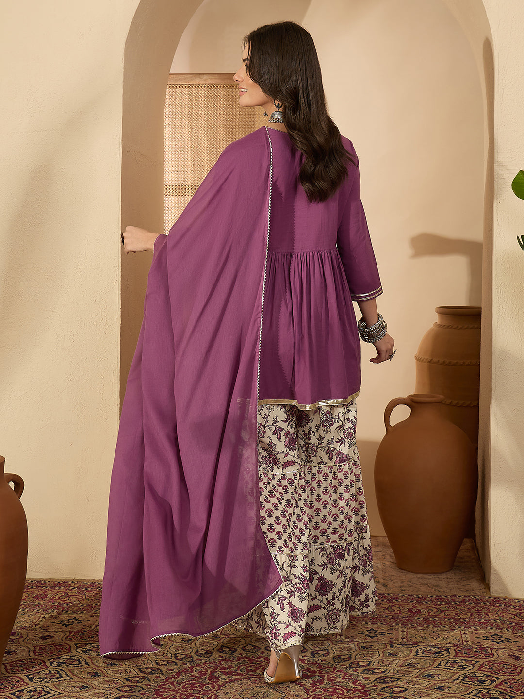 Janasya Women's Purple Pure Cotton Solid Peplum Top with Sharara & Dupatta Set