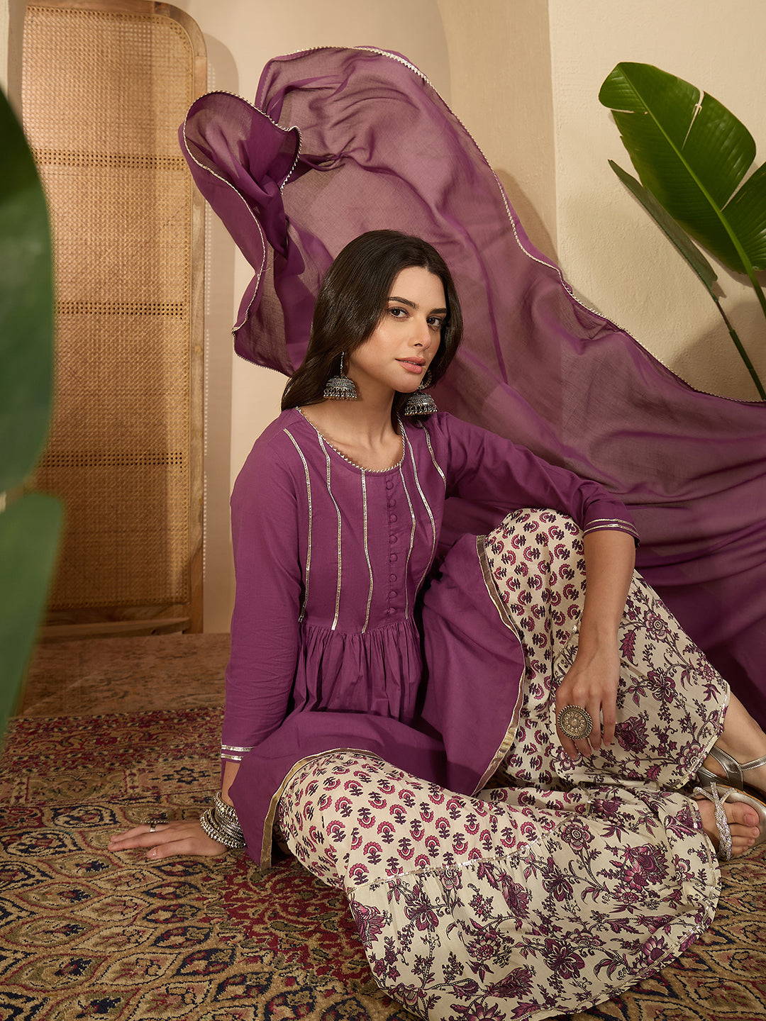 Janasya Women's Purple Pure Cotton Solid Peplum Top with Sharara & Dupatta Set