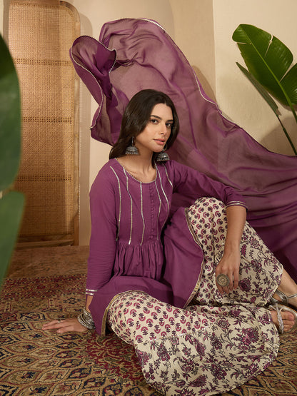 Janasya Women's Purple Pure Cotton Solid Peplum Top with Sharara & Dupatta Set