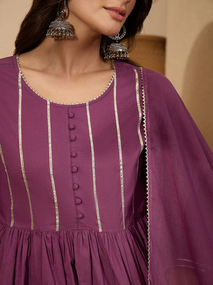 Janasya Women's Purple Pure Cotton Solid Peplum Top with Sharara & Dupatta Set