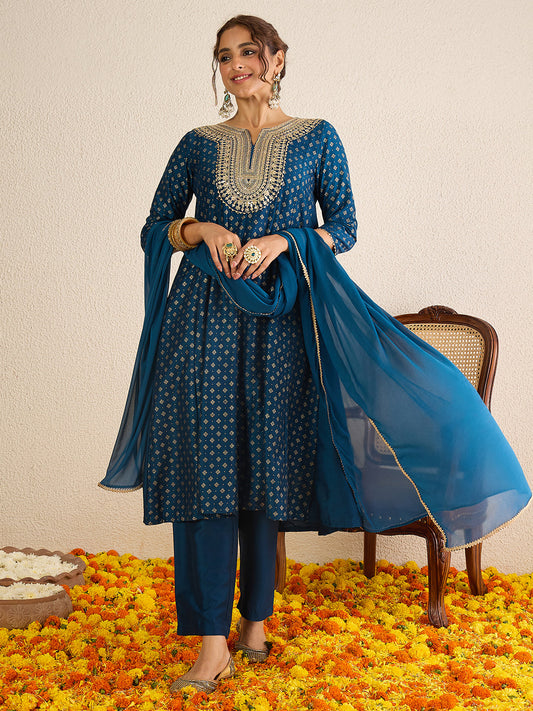 Janasya Women's Teal Blue Silk Blend Floral Zari Embroidered Gold Foil Printed Anarkali Kurta Set