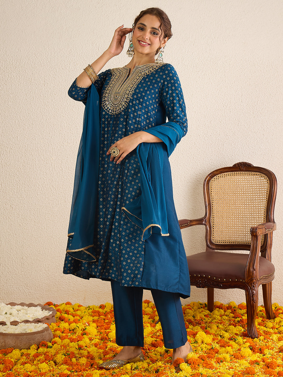 Janasya Women's Teal Blue Silk Blend Floral Zari Embroidered Gold Foil Printed Anarkali Kurta Set