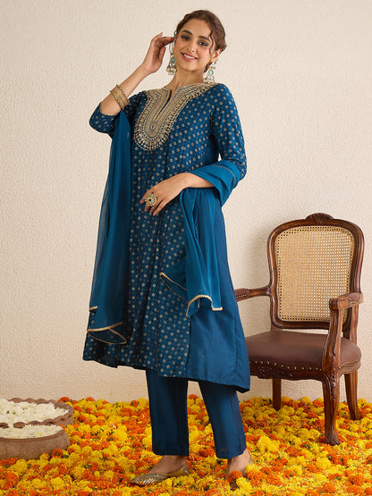 Janasya Women's Teal Blue Silk Blend Floral Zari Embroidered Gold Foil Printed Anarkali Kurta Set