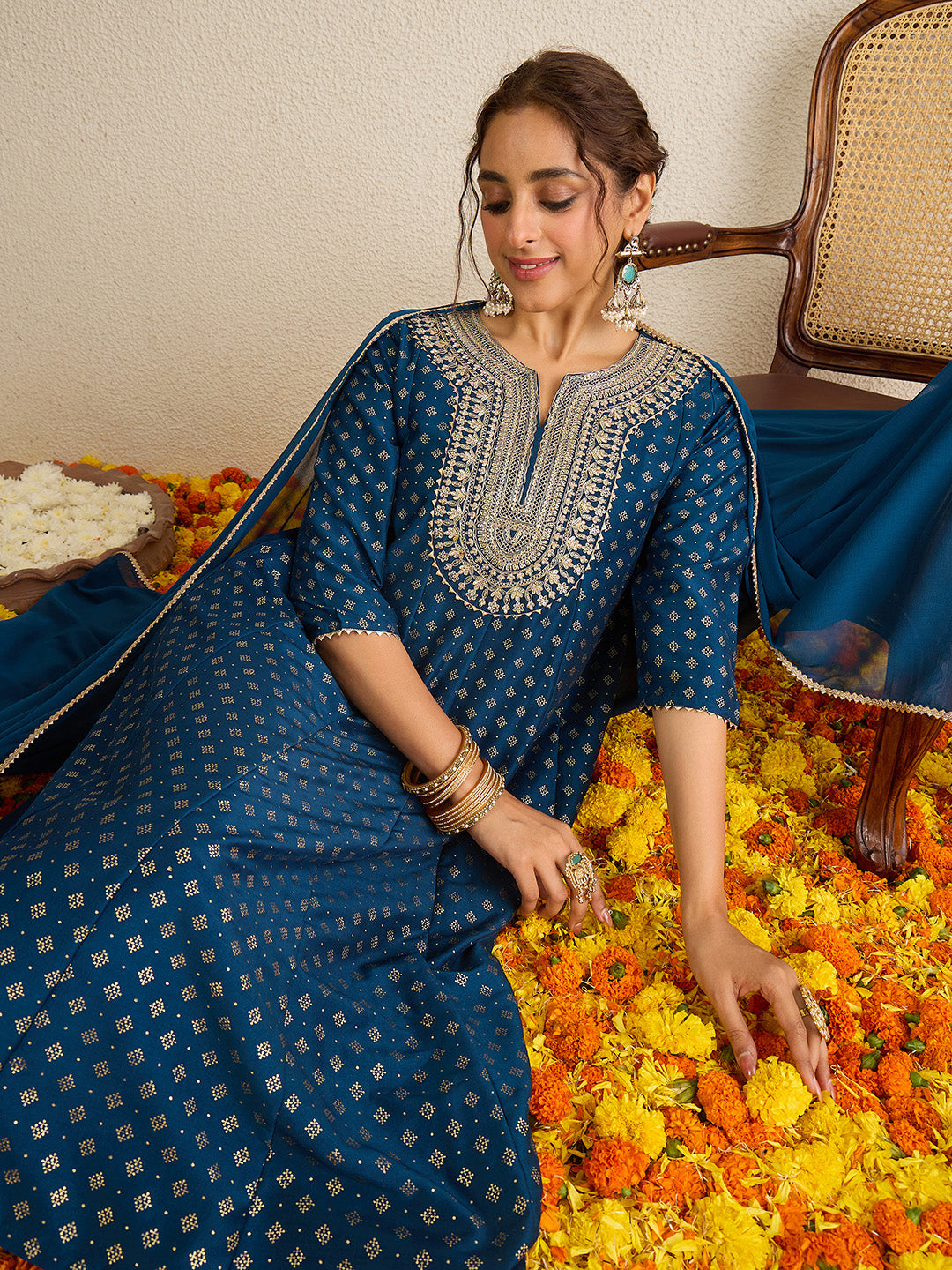 Janasya Women's Teal Blue Silk Blend Floral Zari Embroidered Gold Foil Printed Anarkali Kurta Set