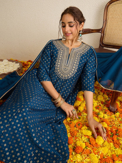 Janasya Women's Teal Blue Silk Blend Floral Zari Embroidered Gold Foil Printed Anarkali Kurta Set