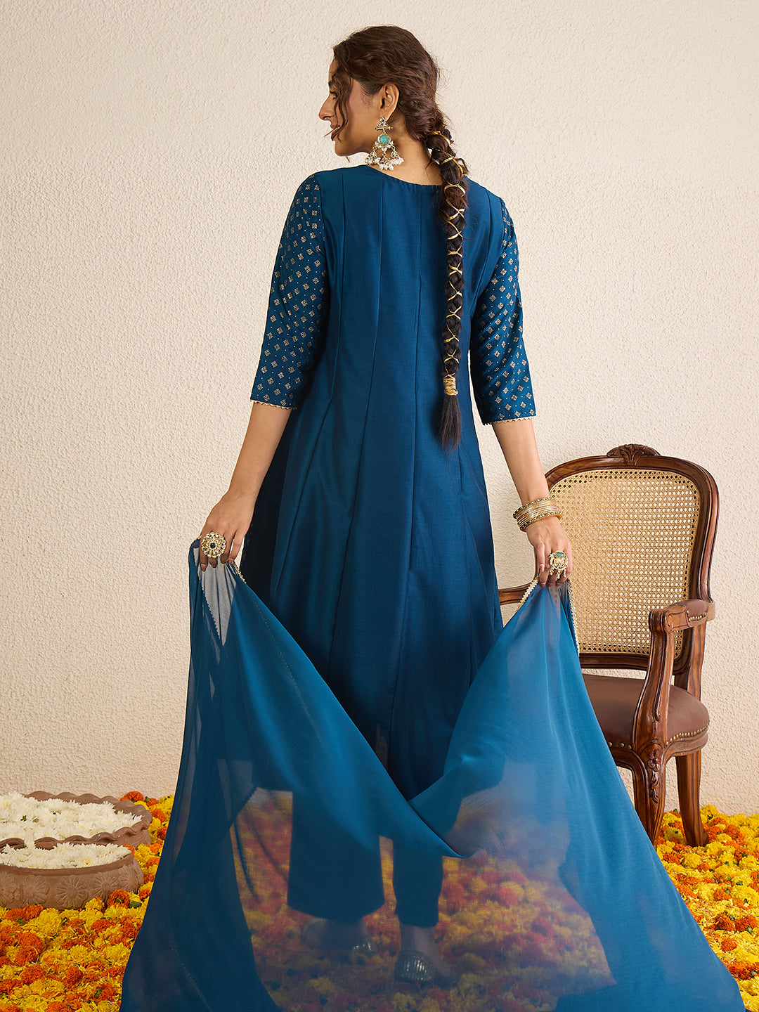 Janasya Women's Teal Blue Silk Blend Floral Zari Embroidered Gold Foil Printed Anarkali Kurta Set