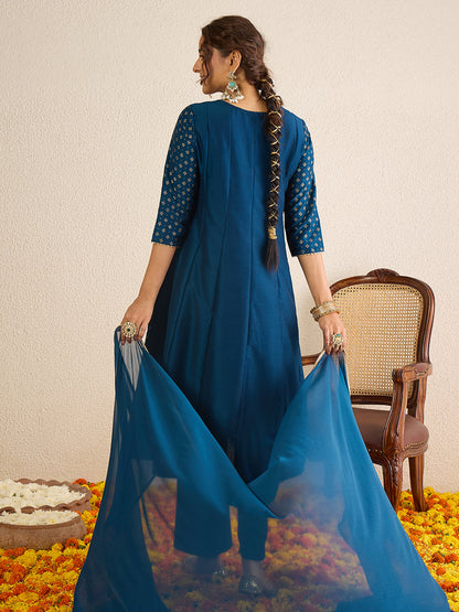 Janasya Women's Teal Blue Silk Blend Floral Zari Embroidered Gold Foil Printed Anarkali Kurta Set