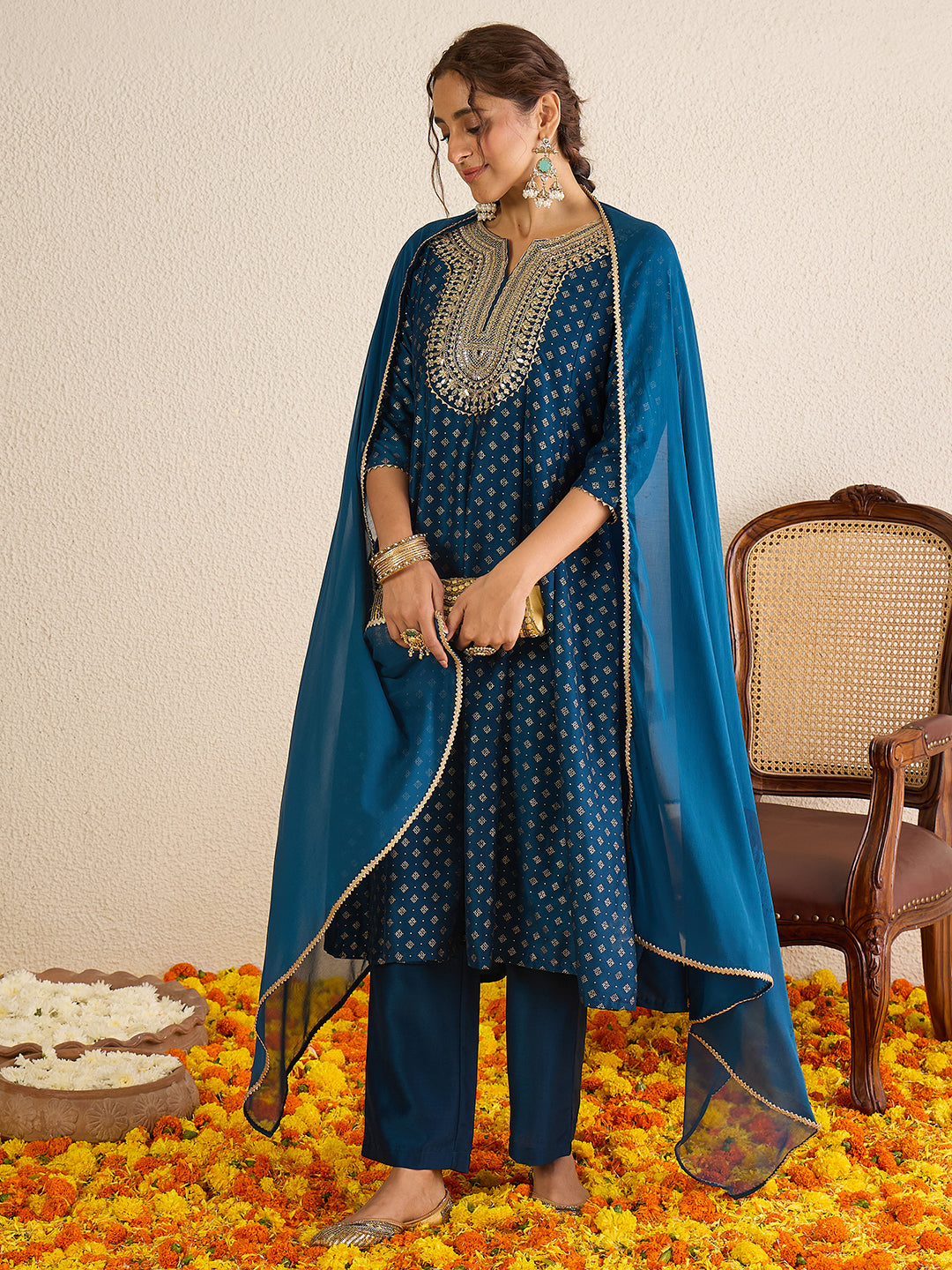 Janasya Women's Teal Blue Silk Blend Floral Zari Embroidered Gold Foil Printed Anarkali Kurta Set