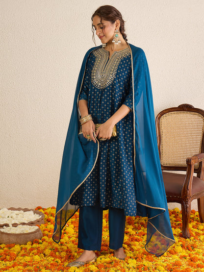 Janasya Women's Teal Blue Silk Blend Floral Zari Embroidered Gold Foil Printed Anarkali Kurta Set