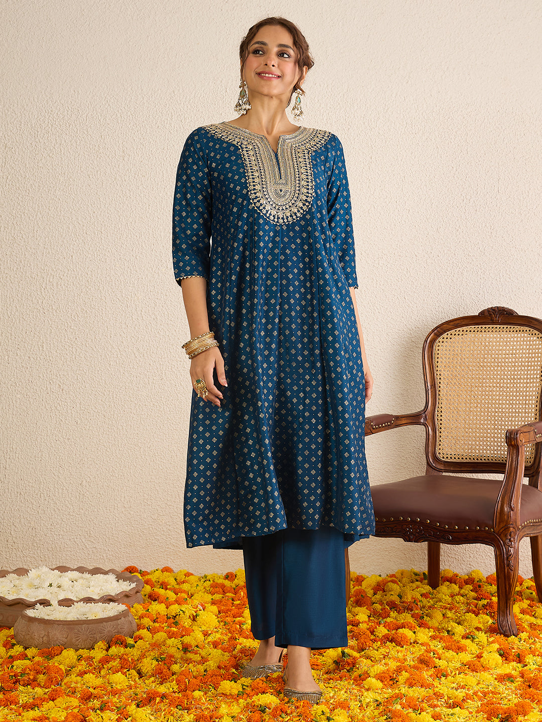 Janasya Women's Teal Blue Silk Blend Floral Zari Embroidered Gold Foil Printed Anarkali Kurta Set