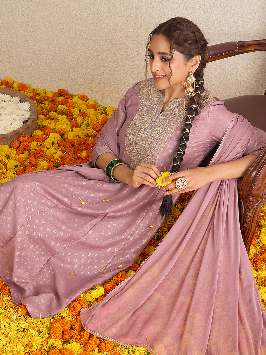 Janasya Women's Lavender Silk Blend Zari Embroidered Gold Foil Printed Anarkali Kurta Set