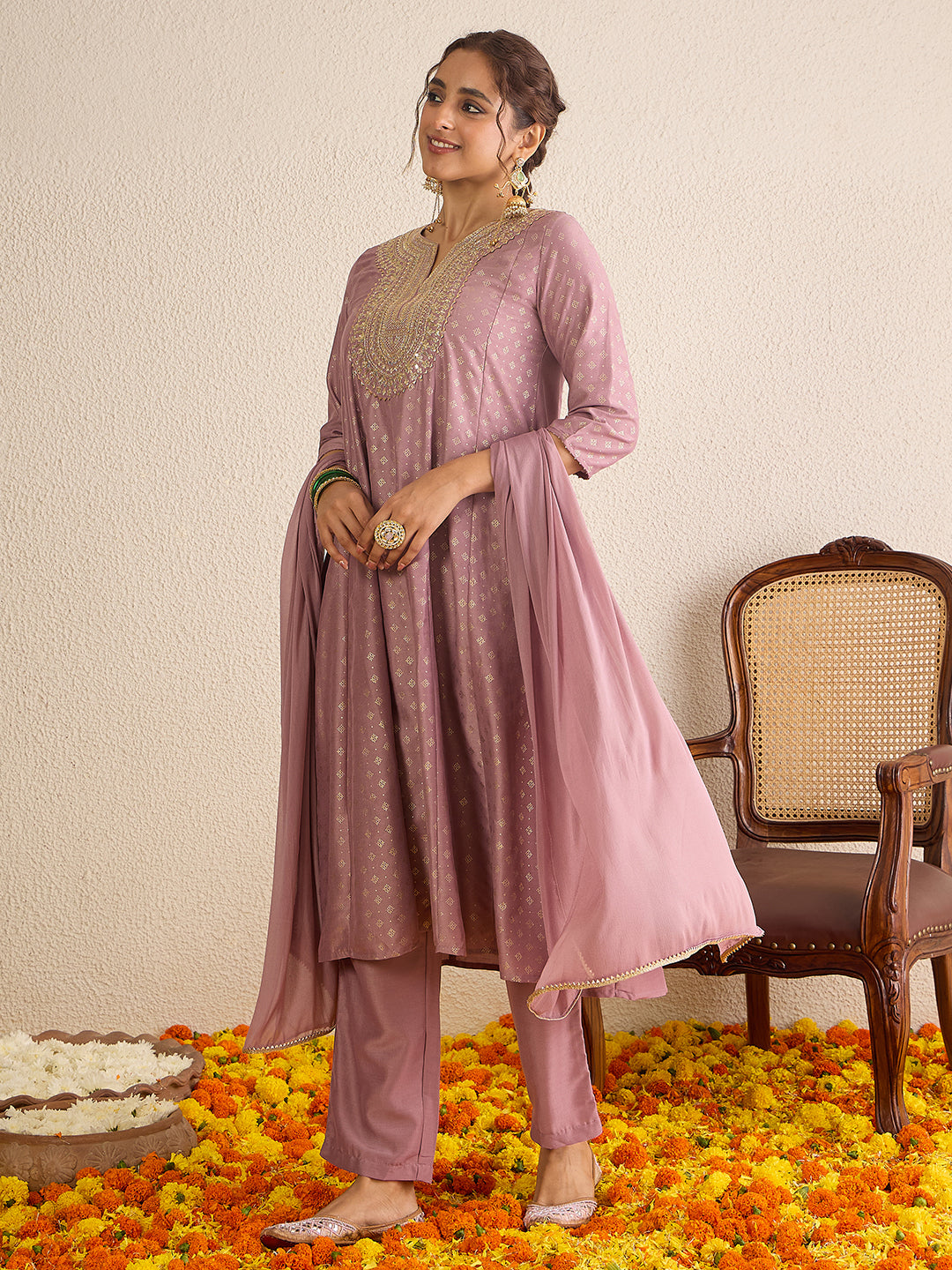 Janasya Women's Lavender Silk Blend Zari Embroidered Gold Foil Printed Anarkali Kurta Set