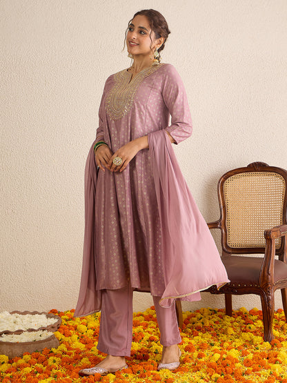 Janasya Women's Lavender Silk Blend Zari Embroidered Gold Foil Printed Anarkali Kurta Set