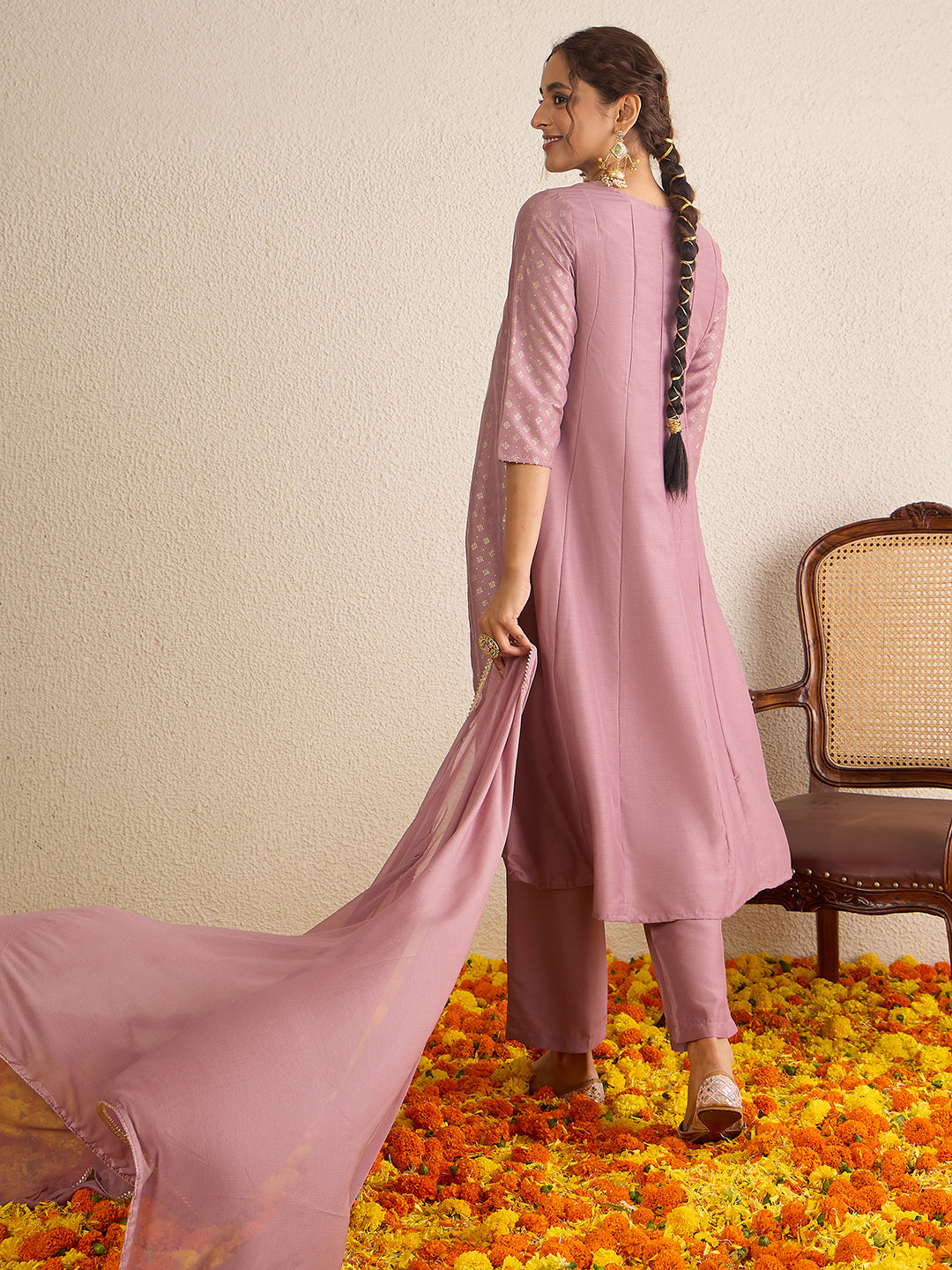 Janasya Women's Lavender Silk Blend Zari Embroidered Gold Foil Printed Anarkali Kurta Set