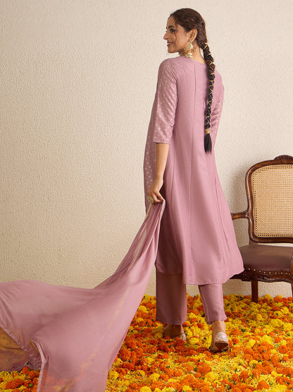 Janasya Women's Lavender Silk Blend Zari Embroidered Gold Foil Printed Anarkali Kurta Set