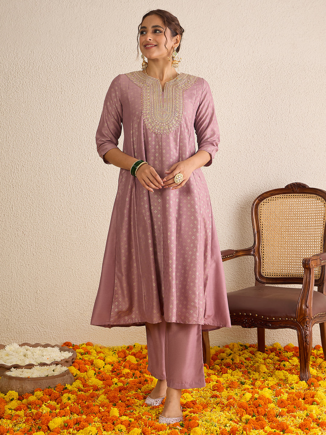 Janasya Women's Lavender Silk Blend Zari Embroidered Gold Foil Printed Anarkali Kurta Set