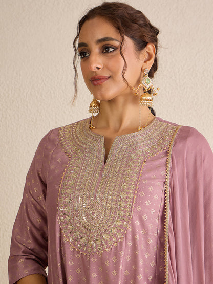 Janasya Women's Lavender Silk Blend Zari Embroidered Gold Foil Printed Anarkali Kurta Set