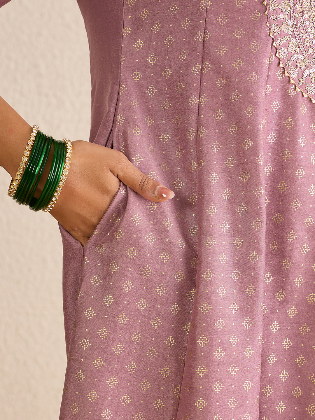 Janasya Women's Lavender Silk Blend Zari Embroidered Gold Foil Printed Anarkali Kurta Set
