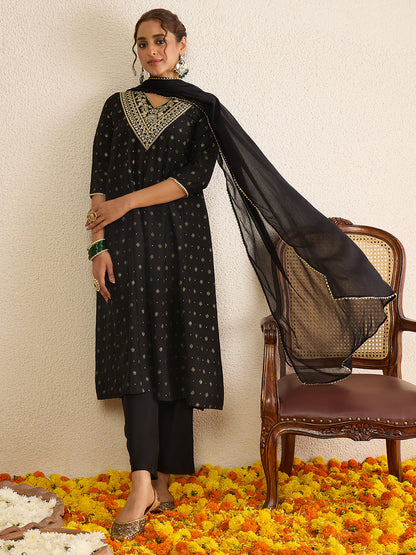 Janasya Women's Black Silk Blend Zari Yoke Embroidered Gold Foil Printed Anarkali Kurta Set