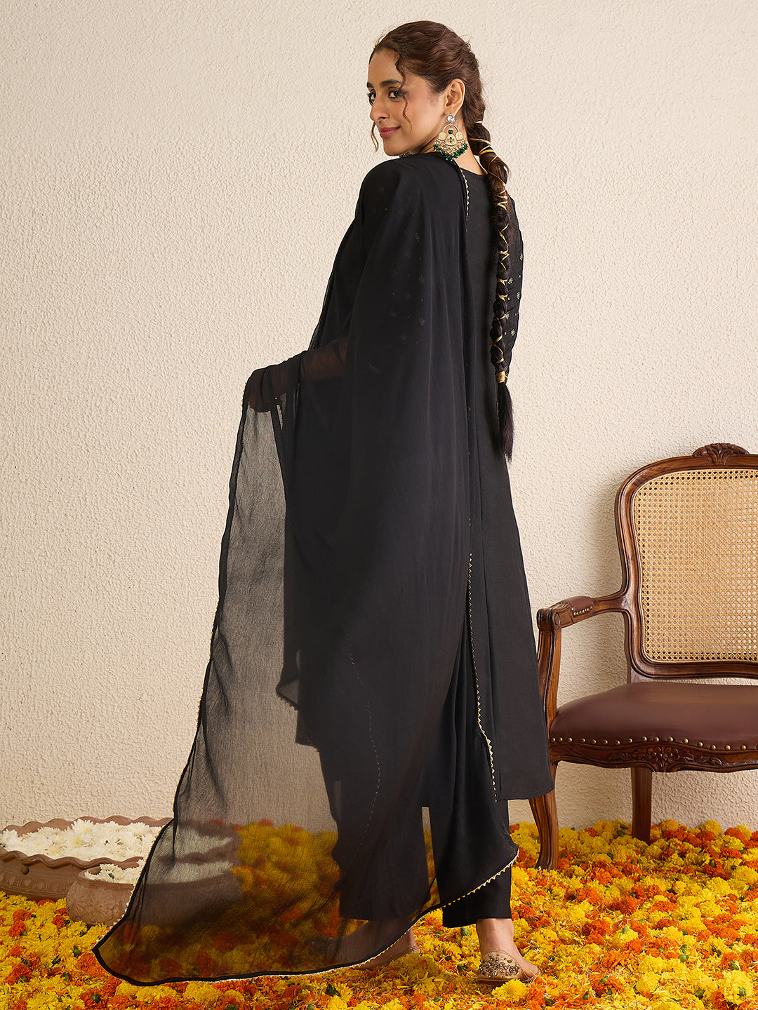 Janasya Women's Black Silk Blend Zari Yoke Embroidered Gold Foil Printed Anarkali Kurta Set