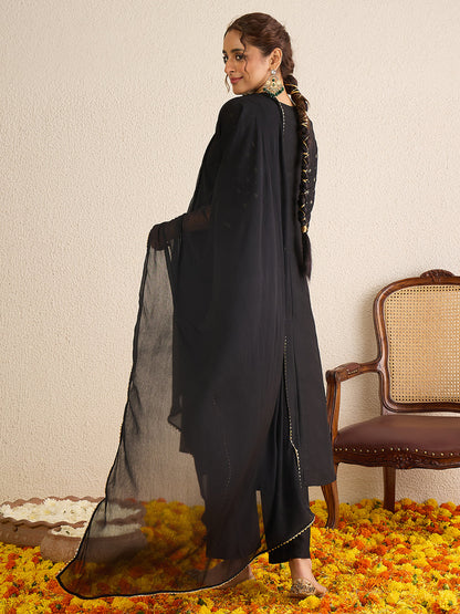 Janasya Women's Black Silk Blend Zari Yoke Embroidered Gold Foil Printed Anarkali Kurta Set