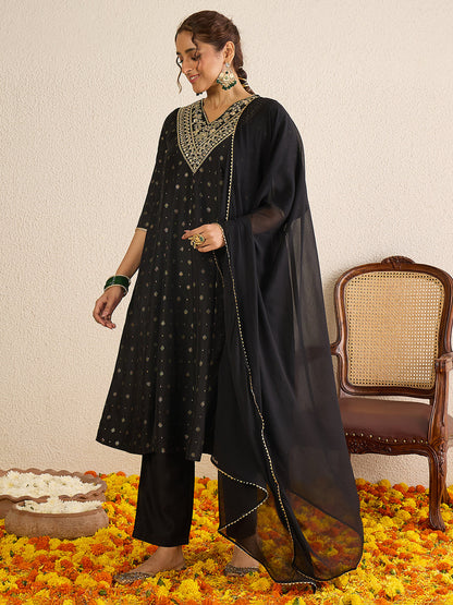 Janasya Women's Black Silk Blend Zari Yoke Embroidered Gold Foil Printed Anarkali Kurta Set