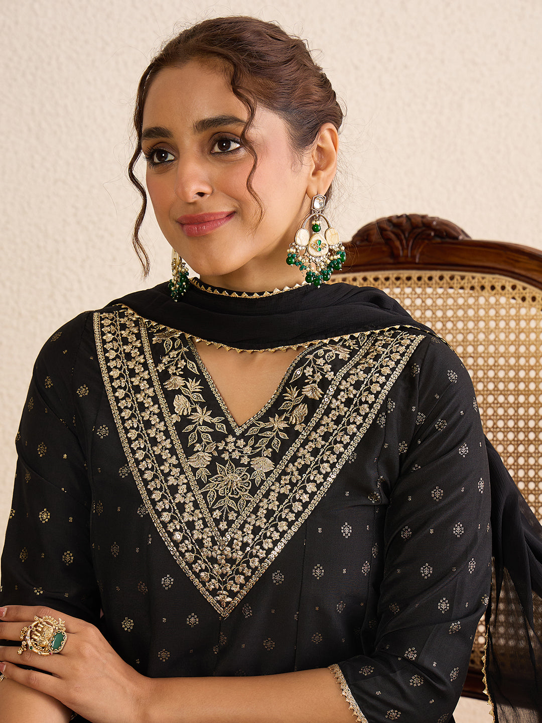 Janasya Women's Black Silk Blend Zari Yoke Embroidered Gold Foil Printed Anarkali Kurta Set