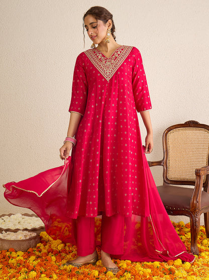 Janasya Women's Pink Silk Blend Zari Yoke Embroidered Gold Foil Printed Anarkali Kurta Set